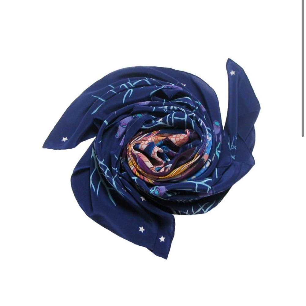 Forget Me Not Twilight Flower Silk Crepe de Chine Scarf Navy Botanical Print 48” - Picture 3 of 7